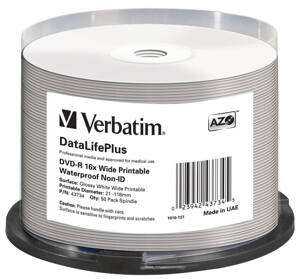 VERBATIM DVD-R 4,7GB/ 16x/ WIDE GLOSSY WATERPROOF/ printable NoID/ 50pack/ spindle