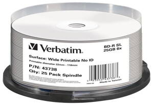 VERBATIM BD-R Blu-Ray SL 25GB/ 6x/ WIDE printable/ 25pack/ spindle
