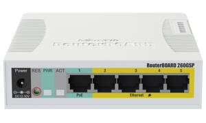 Mikrotik RouterBOARD RB260GSP / nastaviteľný 5-portový gigabit smart switch SFP cage / SwOS / zdroj, PoE out