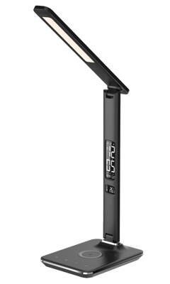 IMMAX LED stolní lampička Kingfisher/ Qi nabíjení/ 8,5W/ 400lm/ 12V/2,5A/ 3 barvy světla/ sklápěcí rameno/ černá