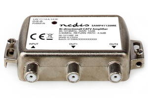 NEDIS zesilovač CATV/ maximální zesílení 12dB/ 85-1218 MHz/ 2 výstupy/ zpětný kanál - 4,5 dB/ 5-65 MHz/ konektor F/ šedý