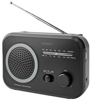 NEDIS přenosné rádio/ AM/ FM/ napájení z baterie/ síťové napájení/ analogové/ 1.8 W/ výstup pro sluchátka/ černo-šedé
