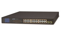 Planet GSW-2620VHP PoE switch, 24x PoE + 2x SFP 1000Base-X, LCD, VLAN, extend mód 10Mb-250m, IEEE 802.3at 300W
