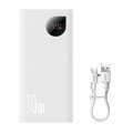 Baseus Power Bank Adaman2 with Digital display, C+U+U, PD 3.0, QC 3.0, 30W, 10000 mAh, with Type-C cable (0.3m), White (PPAD080002)