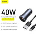 Baseus Car Charger Golden Contactor Pro Dual Quick Charger U+C, PD 3.0, QC 4+, SCP FCP AFC (with USB - Type C 1m cable) Gray (TZCCJD-0G)