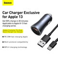 Baseus Car Charger Golden Contactor Pro Dual Quick Charger U+C, PD 3.0, QC 4+, SCP FCP AFC (With Type-C - Lightning 1m Black) 40W Dark Gray (TZCCJD-B0G)