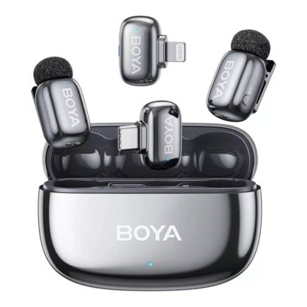 BOYA Microphone Wireless Mini 2-01 2.4GHz, AI Powered Noise Cancellation with 2 transmitters and 2 receivers (Type-C and Lightning) Space Gray EU