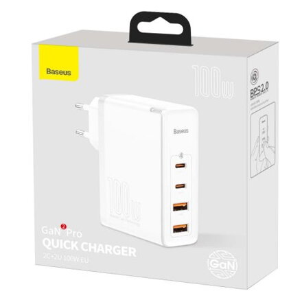 Baseus Travel Charger GaN2 Pro Quick wall charger C+C+U+U, PD 3.0, QC 4.0+, 100W EU White (CCGAN2P-L02)