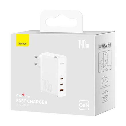 Baseus Travel Charger GaN5 Pro Fast wall charger, C+C+U, 140W White EU (CCGP100202)