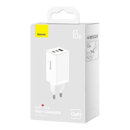 Baseus Travel Charger GaN5 Pro Fast wall charger, C+C+U, QC, AFC, PD 65W with Type-C to Type-C (100W) 1m, White EU (CCGP120202)