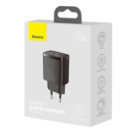 Baseus Travel Charger Compact Quick Charger U+C 20W EU Black (CCXJ-B01)