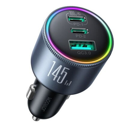 Joyroom Car Charger Mini, C+C+U, 145W with Type-C to Type-C Cable 100W, Black (JR-CCN07)