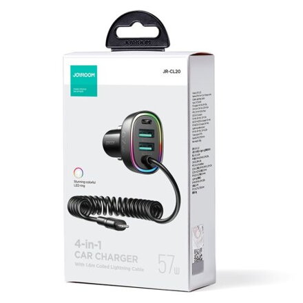 Joyroom Car Charger 4-in-1, C+C+U+U with Type-C Coiled Cable 1.6m, 57W, Black (JR-CL20)