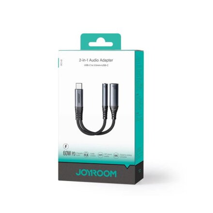 Joyroom Adapter DAC 2-in-1 Type-C to 3.5mm Mini Jack/ Type-C, 60W, 0.14m, Black (SY-C02)