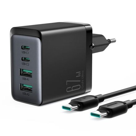 Joyroom Travel Charger GaN Fast Charger C+C+U+U, 67W, with Type-C to Type-C, PD 100W cable (1,2m) Black (TCG02)