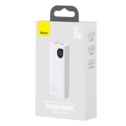 Baseus Power Bank Adaman2 with Digital display, C+U+U, PD 3.0, QC 3.0, 30W, 10000 mAh, with Type-C cable (0.3m), White (PPAD080002)