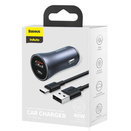 Baseus Car Charger Golden Contactor Pro Dual Quick Charger U+C, PD 3.0, QC 4+, SCP FCP AFC (with USB - Type C 1m cable) Gray (TZCCJD-0G)