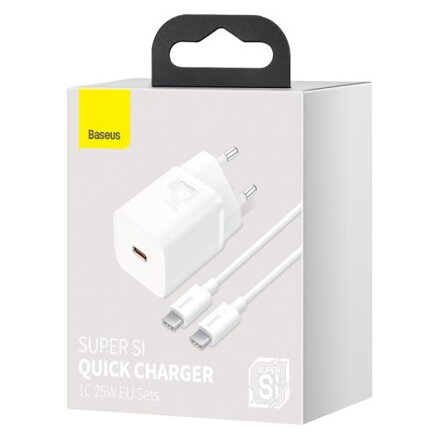 Baseus Travel Charger set Super Si 1C QC (With Mini White Cable Type-C to Type-C 3A 1m) 25W EU White (TZCCSUP-L02)