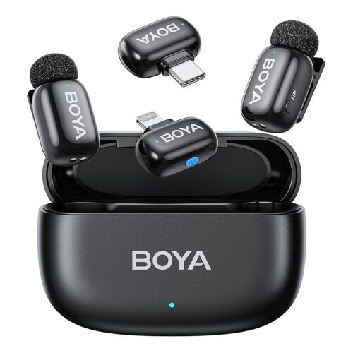 BOYA Microphone Wireless Mini 2-01 2.4GHz, with 2 transmitters and 2 receivers (Type-C and Lightning) Black EU