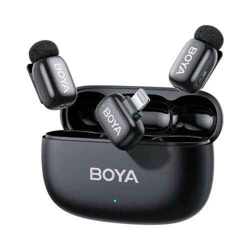 BOYA Microphone Wireless Mini 2-02 2.4GHz, AI Powered Noise Cancellation with 2 transmitters and 1 receiver (Lightning) Black EU