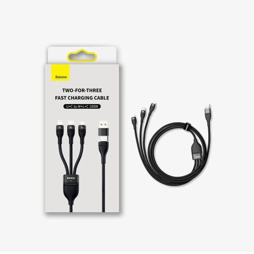 Baseus Universal Flash Series II 3-in-1 Fast Charging Data Cable (USB-A to Micro + Lightning + Type-C) QC, PD 100W, 1.2m, Black (CASS030101) Baseus Universal Flash Series II 3-in-1 Fast Charging Data Cable (USB-A to Micro + Lightning + Type-C) QC, PD 100W, 1.2m, Black (CASS030101)