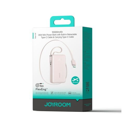 Joyroom Power Bank with Digital Display, C+U+U, PD 35W, 10000 mAh with Built-in Retractable 2x Type-C Lanyard cable (0.7m) Pink (JR-PR2L)