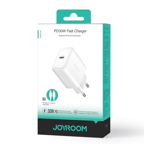 Joyroom Travel Charger Type-C. PD 30W, SFC, PPS, with Type-C to Type-C cable (1m), White (JR-TCF24)