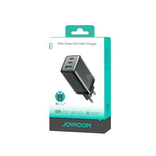 Joyroom Travel Charger GaN Fast Charger C+C+U, PD 65W with Type-C to Type-C Cable (1.2m), Black (JR-TG10)