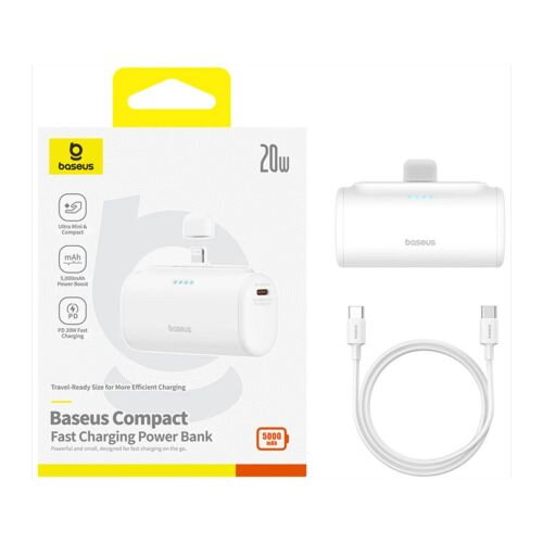 Baseus Power Bank Compact Fast charge Type-C inlet + Lightning outlet (with C+C cable) PD20W, 5000 mAh, Black (P10068307213-00)