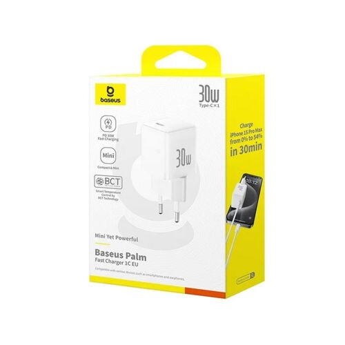Baseus Travel Charger Palm Series Type-C, PD 3.0, QC 3.0, 30W, White EU (P10111605213-00)