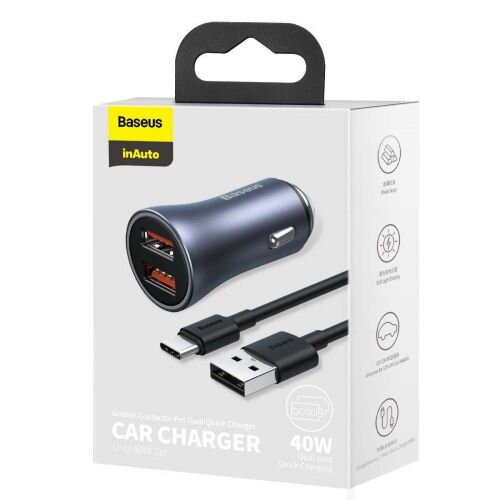 Baseus Car Charger Golden Contactor Pro with (USB/Type-C cable 5A), 2xUSB Quick Charge, SCP, FCP, AFC 40W Gray (TZCCJD-A0G) Baseus Car Charger Golden Contactor Pro with (USB/Type-C cable 5A), 2xUSB Quick Charge, SCP, FCP, AFC 40W Gray (TZCCJD-A0G)